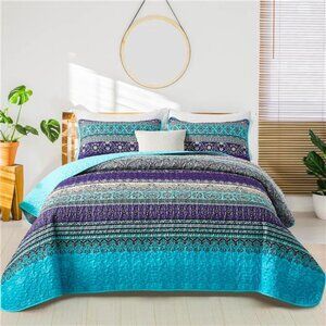 Boho Queen Quilt Set, Blue Purple Bohemian Queen Quilt Bedding